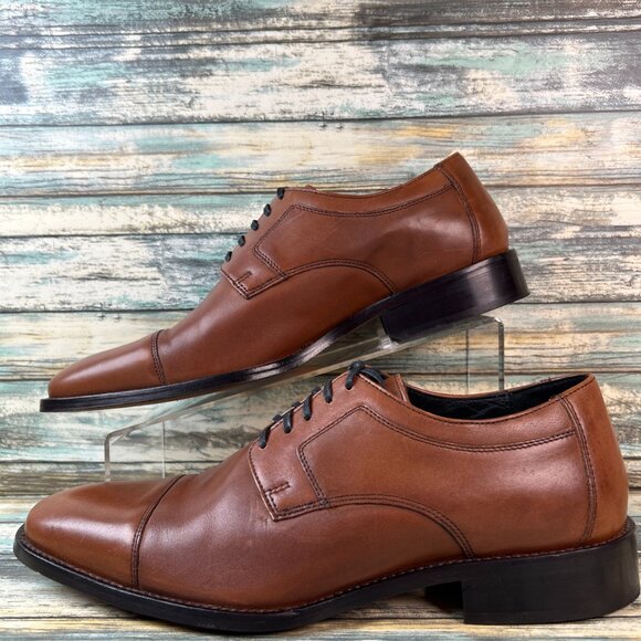 Johnston & Murphy Oxford Novick Dress Shoe 9.5 Brown Calfskin Leather Cap Toe - Picture 2 of 10